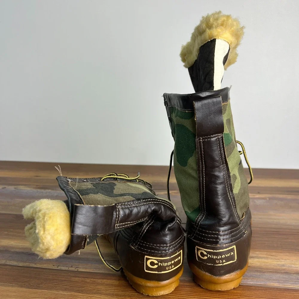 Vintage Chippewa USA Camo Duck Boots Mens 7M Shearling Lined Made USA 87862
